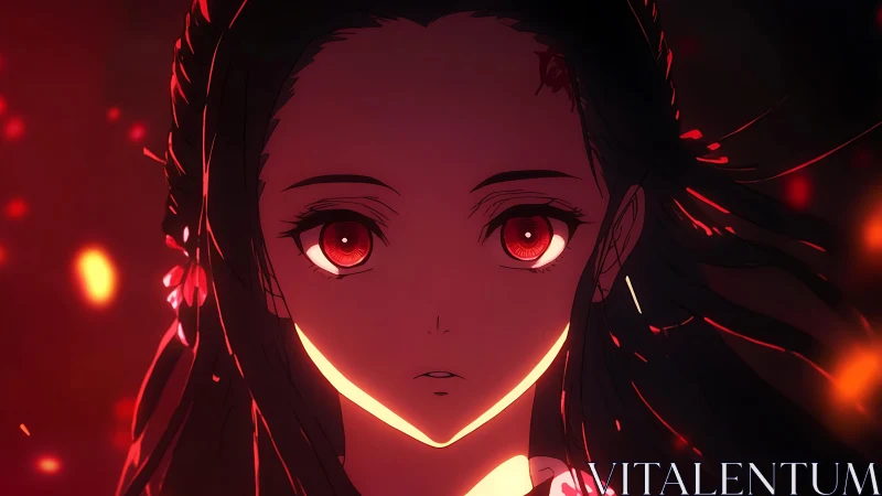 Fiery-eyed anime girl emerges from glowing ember darkness.
