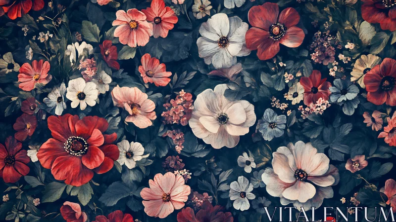 Densely Layered Floral Composition with Red, Pink, and Cream Blooms.