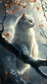 White Feline Contemplation: Autumn Branches Digital Study.