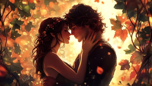 Couple in autumn landscape with warm bokeh lighting.