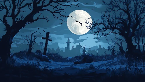 Graveyard landscape under full moon with distant town silhouette.