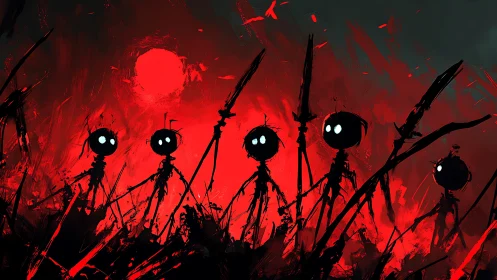 Strange little warriors glow under a fierce red battlefield sky