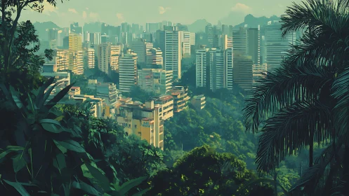 Tropical high-rise skyline emerges from dense urban rainforest