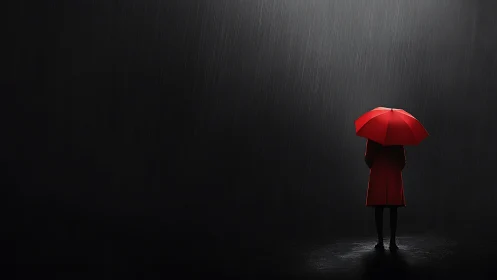 Person in red coat and umbrella standing alone in rain.