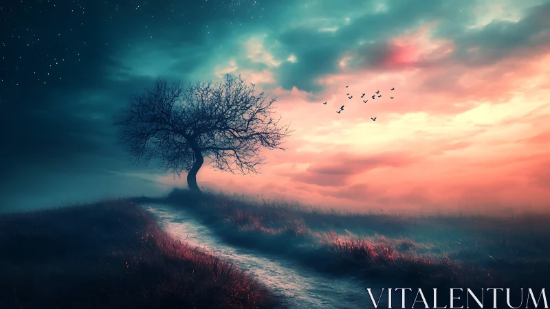 Lonely hilltop tree beneath a dreamy twilight sky.