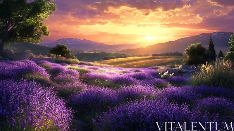 Lavender hillside under layered sunset sky with distant ranges.