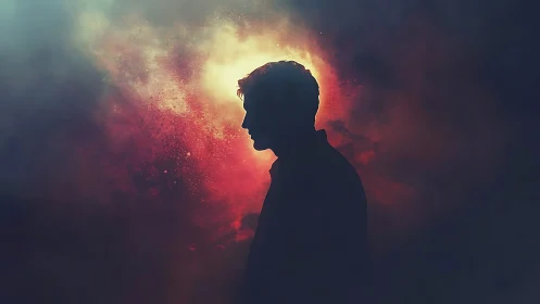 Silhouetted dreamer adrift in a cosmic ember storm of light.