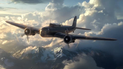 Twin engine military aircraft flies above sunlit clouds