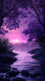 Purple river at sunset framed by dark forest trees.