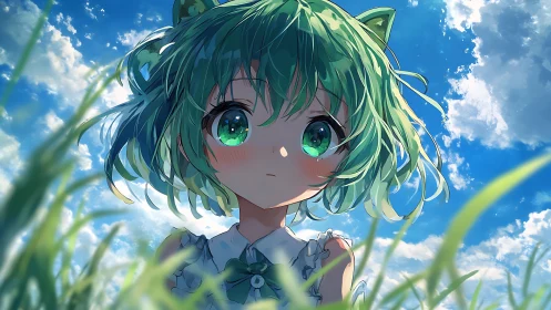 Green haired anime girl gazes upward under vivid blue sky