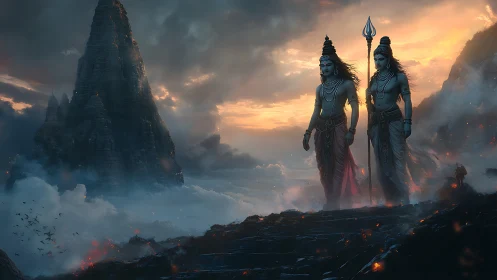Mythic deities on volcanic ridge in cinematic digital painting.