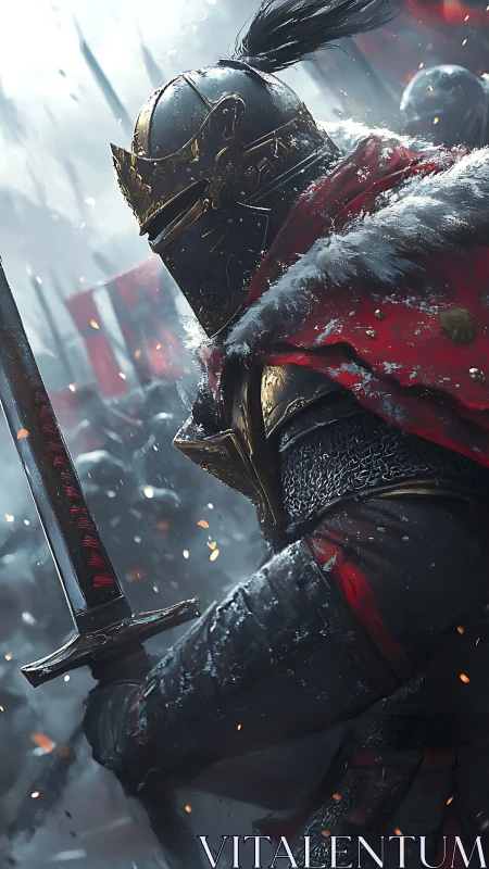 Armored knight charging through snowlit battlefield in flames.