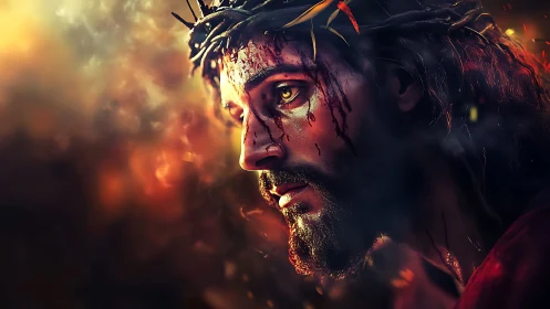 Crowned figure in bloodied profile amid burning dusk glow