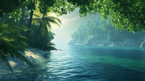 Tropical Paradise Cove at Dawn. Misty Cliffs Frame Turquoise Waters.