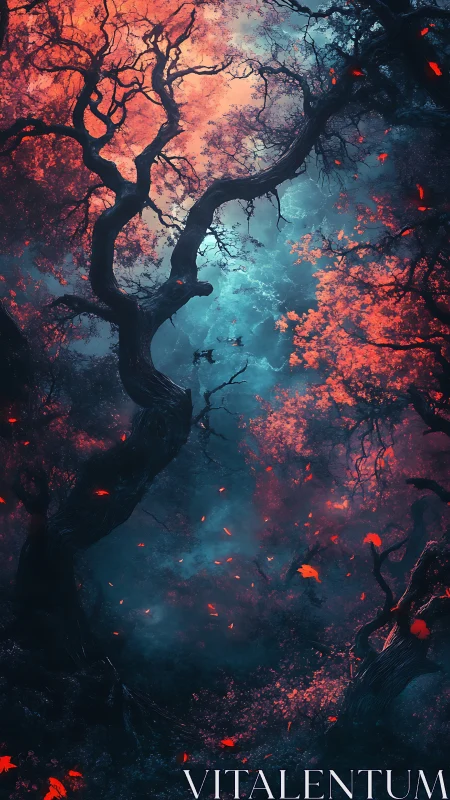 Enchanted crimson forest glows against a misty teal sky