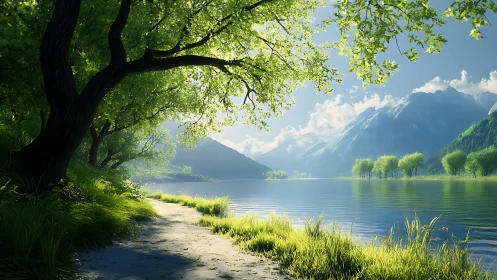 Sunlit lakeside path beneath softly glowing green trees.