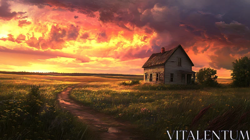 Abandoned farmhouse stands under blazing sunset sky