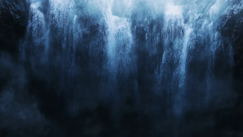 Mystical midnight waterfall curtain inviting quiet reflection.