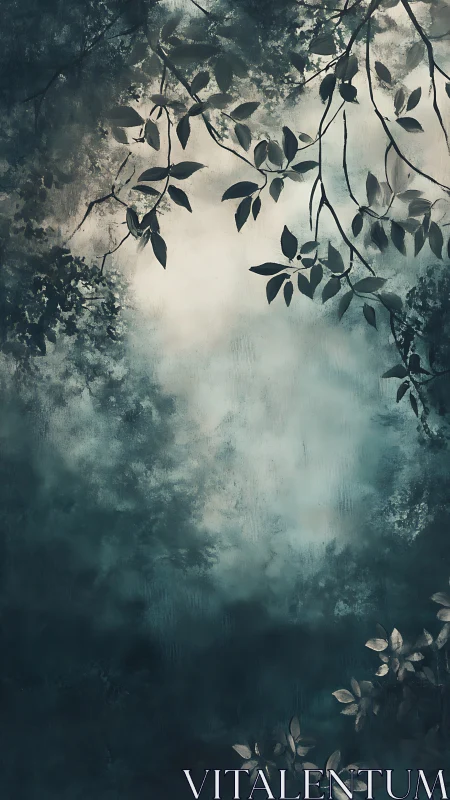 Whispered canopy over mistlit forest glade in hush.