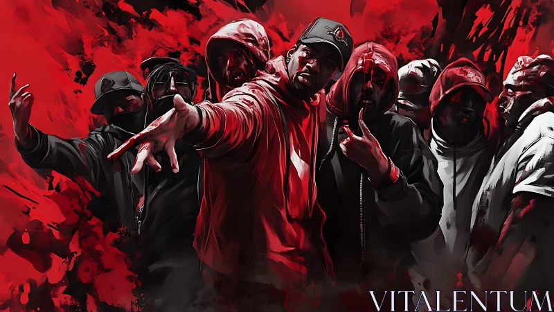 Urban rap collective in red-black kinetic digital stylization.