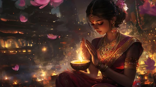 Whispered prayers cradle firelight as petals drift through dusk