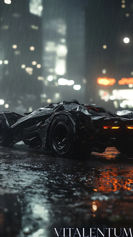 Futuristic black supercar idles under neon rain at night.