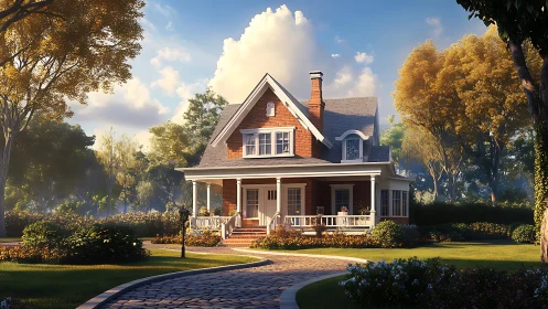 Late-afternoon render of red brick Craftsman house with soft GI