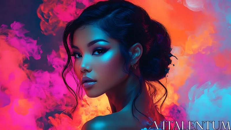 Digital painting portrait with neon bicolor atmospheric lighting.