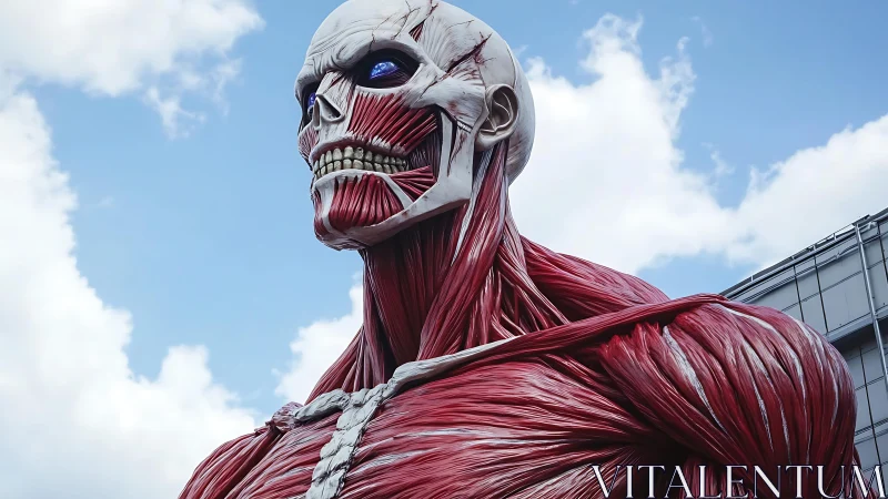 Colossal flayed titan statue against bright blue sky.