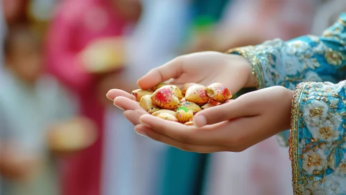 Hands holding colorful candies in ornate festive clothing.