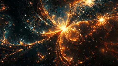 Stellar fireflowers bloom across a swirling cosmic garden.