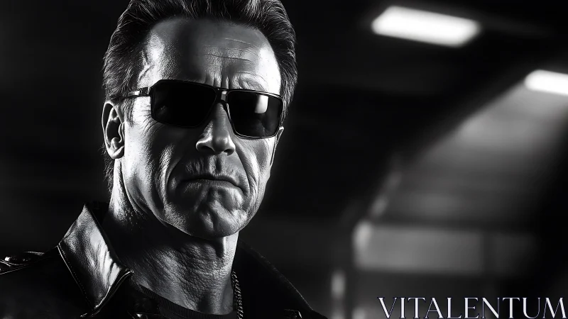 Stern man in sunglasses in gritty monochrome close-up shot.