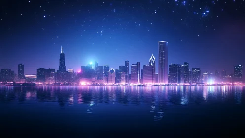 Neon tide kisses a starlit cyber skyline across still water.