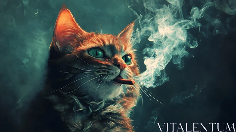 Anthropomorphic ginger cat exhales swirling smoke in teal haze
