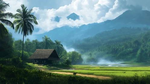 Misty mountain valley shelters a tranquil tropical rice hut