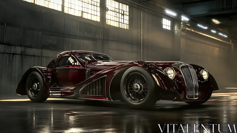 Photorealistic neo-retro coupe in cinematic warehouse lighting.