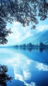 Serene blue lake mirrors clouds beneath distant mountains.