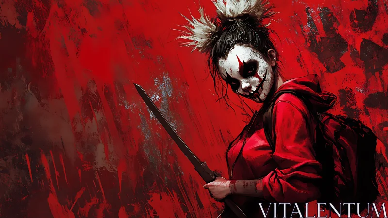 Masked warrior girl with blade in vivid crimson chaos.
