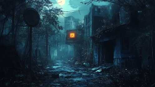 Cyberpunk ruin street under toxic moonlight, cinematic framing.