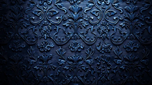 Midnight baroque relief pattern with sculpted floral scrolls.