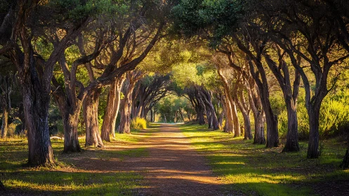 Sunlit tree tunnel where the forest quietly applauds you.