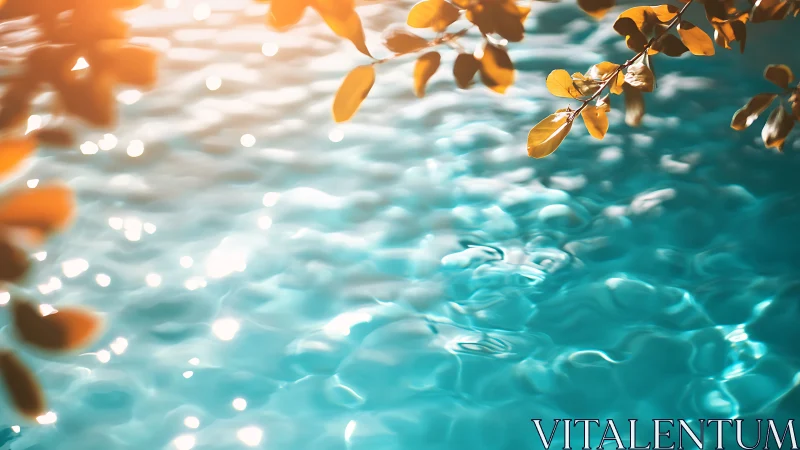 Sunlit golden leaves drift above softly sparkling water