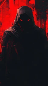 Hooded shadow entity glows with burning red eyes.