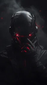 Cybernetic soldier holds mask in red backlit smoke