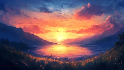 Mountain lake at sunset with vivid cloud and light gradients.