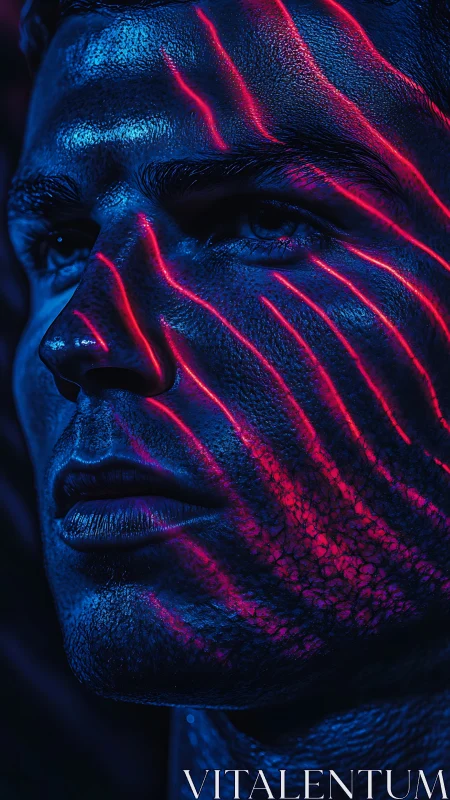 Neon blue portrait glowing with bold electric pink lines.