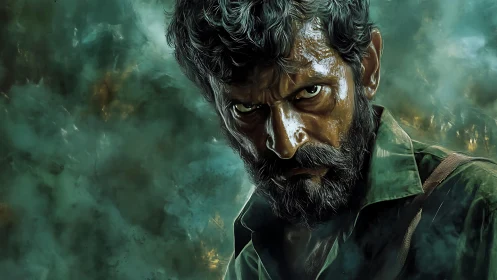 Bearded man glares through smoky green atmospheric haze