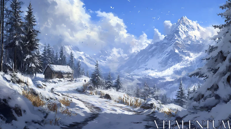 Snow-dusted cabin waits quietly beneath blazing alpine skies