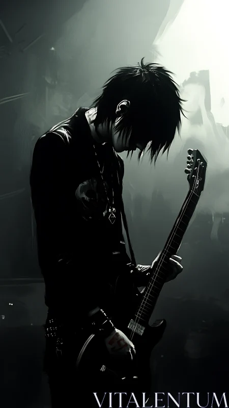 Digital painting of emo rock guitarist in chiaroscuro lighting.