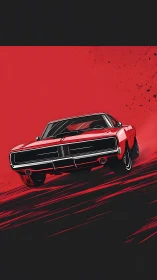 Roaring red muscle car surges forward with bold racing energy